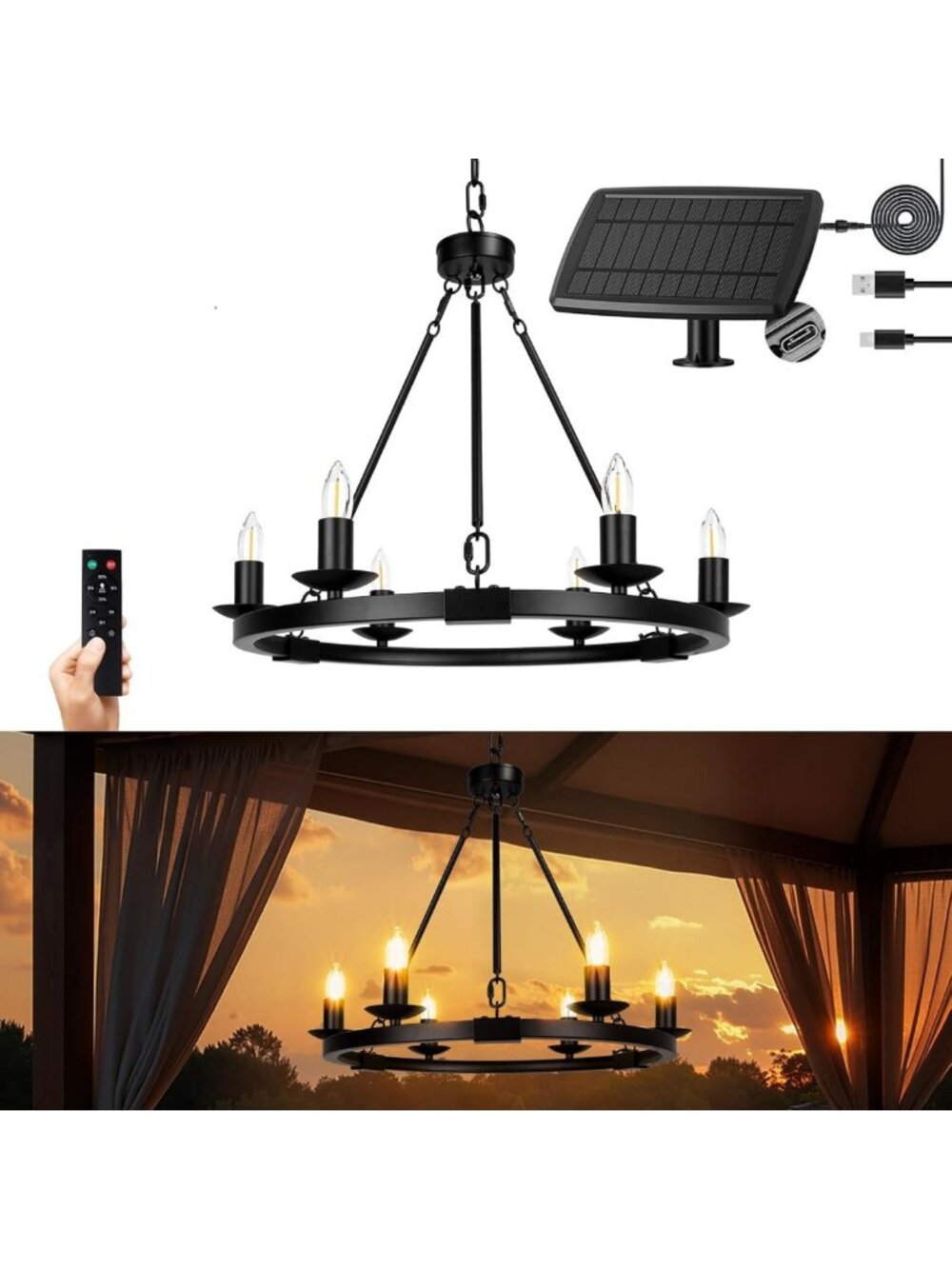 6-Light Solar Outdoor Chandelier - Waterproof Dimmable Pendant for Patio, Porch